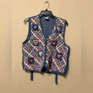 Vintage Cascade Blues Patchwork Heart Denim Granny Vest Sz Medium